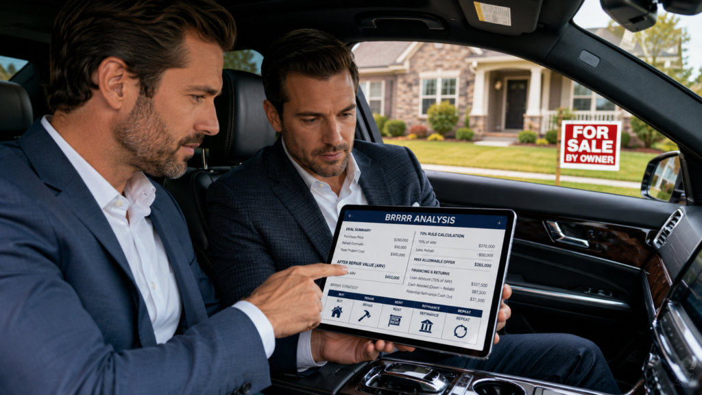 Two professional male real estate investors seated inside the polished leather interior of a luxury car, parked along the curb of a suburban street. In the background, a residential house is visible with a clear "For Sale By Owner" sign on the lawn. The investors are focused on a digital tablet displaying spreadsheets and financial calculations for a BRRRR strategy, including figures for the 70 percent rule, ARV, and repair estimates. The scene emphasizes a focused, analytical atmosphere within the sophisticated cabin of the vehicle, with natural daylight illuminating the documents and the house outside.