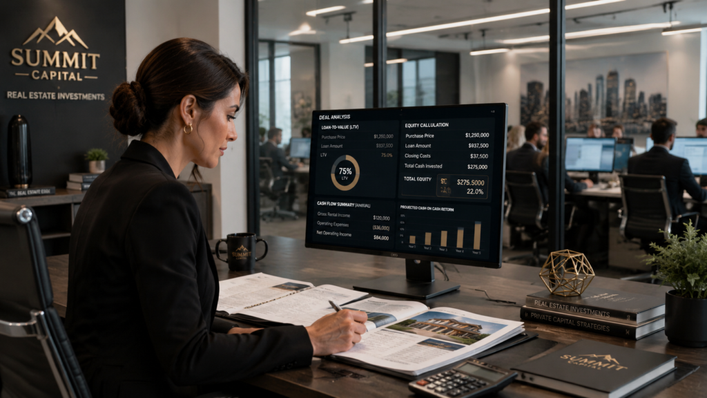 A professional female investor in a modern, high-end real estate office, focused on a desk with financial documents and a computer screen showing loan-to-value and equity calculations. The setting features sleek furniture and polished interior design. Through a glass divider, a team of agents is seen in a common area working on their monitors. The lighting is bright and clean, emphasizing a sophisticated corporate atmosphere with a clear focus on real estate investment analysis.