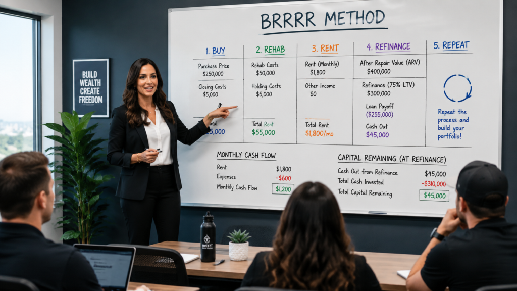 A female real estate investor in professional business attire stands at the front of a modern conference room, gesturing toward a large whiteboard. On the board, a detailed breakdown of the BRRRR method is clearly visible, showing organized columns for purchase price, rehab costs, rent amounts, and refinance figures, along with specific calculations for monthly cash flow and capital remaining. The room is filled with bright, even office lighting, highlighting her confident posture as she teaches her students.