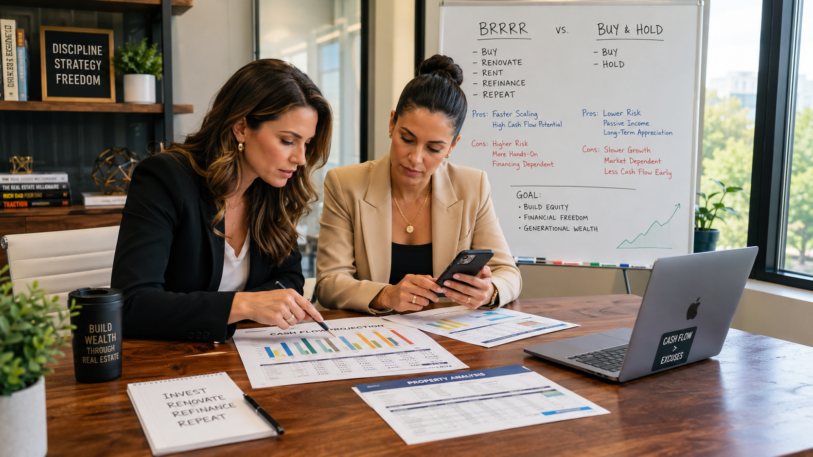 BRRRR vs. Buy and Hold Real Estate Two professional female real estate investors sit at a polished wooden table in a bright, modern office, deeply focused on a strategic comparison. One woman leans over a stack of printed financial reports and colorful bar charts that detail property costs and cash flow projections. Beside her, the second woman checks real-time data on her smartphone as they discuss financing options and equity growth. A whiteboard in the background displays handwritten notes comparing the BRRRR method and traditional buy-and-hold strategies, focusing on risk and long-term returns. The workspace is organized with a laptop, spreadsheets, and pens, all illuminated by steady natural light from a large window.