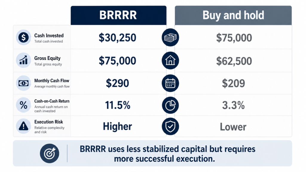 Transform the current image into a professional, side-by-side financial comparison infographic. On the left side under the heading "BRRRR", clearly display $30,250 cash invested, $75,000 gross equity, $290 monthly cash flow, 11.5% cash-on-cash return, and "Higher" execution risk. On the right side under "Buy and hold", display $75,000 cash invested, $62,500 gross equity, $209 monthly cash flow, 3.3% cash-on-cash return, and "Lower" execution risk. Use a minimalist design with clean typography and distinct columns for each strategy. At the bottom, include the centered conclusion text: "BRRRR uses less stabilized capital but requires more successful execution." Focus on a modern aesthetic with clear data visualization and a neutral, professional color palette.