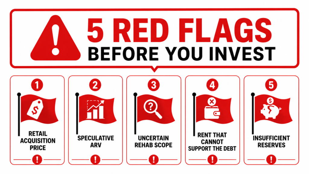 A minimalist warning-sign graphic featuring five distinct red-flag conditions: Retail acquisition price, Speculative ARV, Uncertain rehab scope, Rent that cannot support the debt, and Insufficient reserves. The design is a clean, flat-style infographic with sharp typography and symbolic hazard icons. The composition focuses on a professional decision-making layout, using a clear hierarchy and bold red highlights to emphasize the text against a plain background, completely avoiding photographic or construction-related imagery.