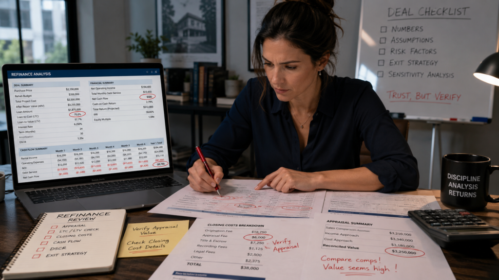 A focused female investor meticulously analyzing real estate refinance documents and digital spreadsheets. The scene emphasizes her identifying specific errors in financial figures such as appraisal values, loan-to-cost ratios, closing costs, and cash flow metrics. She appears professional and concentrated, with sharp focus on the detailed numbers and notes on her desk, creating an atmosphere of expert financial scrutiny.