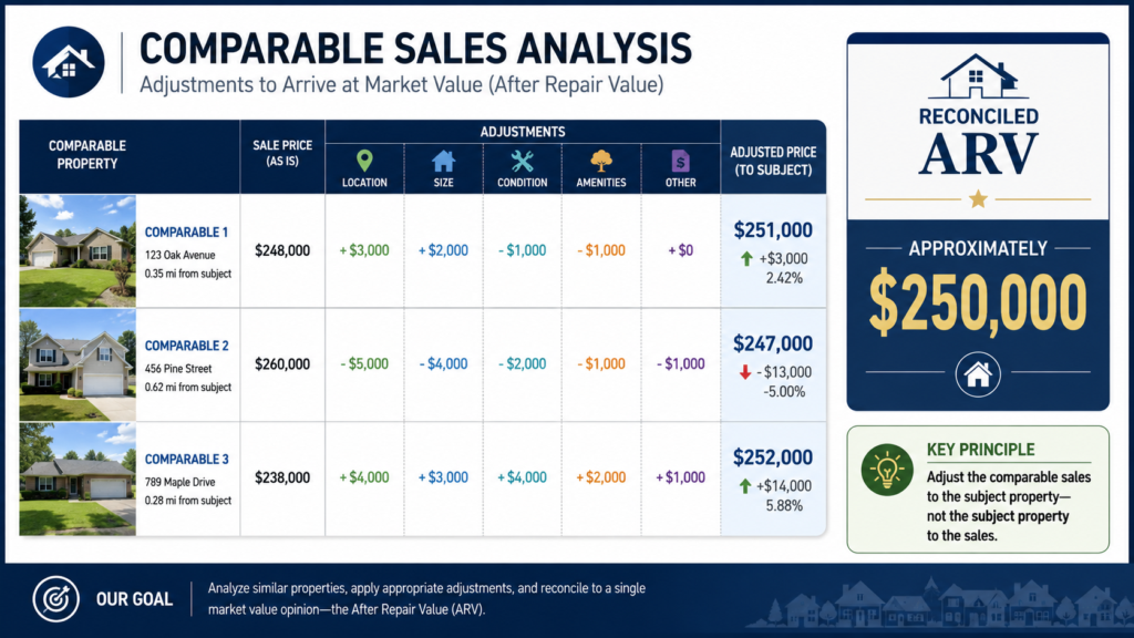 A professional infographic layout displaying three sets of real estate comparable adjustments: Comparable 1 moving from $248,000 to $251,000, Comparable 2 moving from $260,000 to $247,000, and Comparable 3 moving from $238,000 to $252,000. A prominent section highlights the Reconciled ARV as approximately $250,000. The composition includes a legible note stating, "Adjust the comparable sales to the subject property—not the subject property to the sales." The design features clean lines, structured data visualization, and clear, professional typography to emphasize the financial reconciliations.
