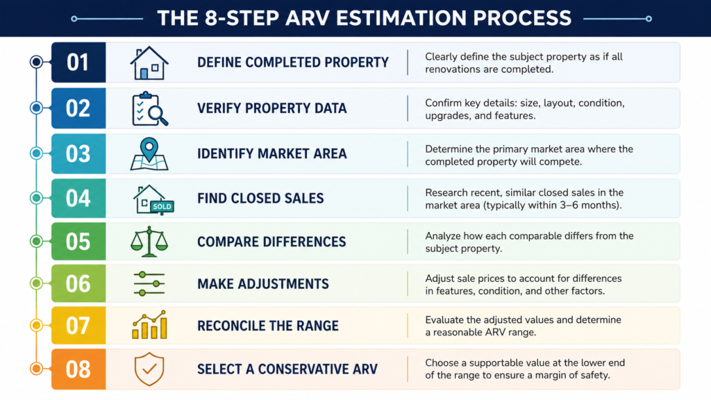 A professional infographic illustrating an eight-step ARV estimation process in a structured vertical workflow. Each step is clearly labeled in sequential order: Define completed property, Verify property data, Identify market area, Find closed sales, Compare differences, Make adjustments, Reconcile the range, and Select a conservative ARV. The design uses clean lines, minimalist boxes, and clear typography for a modern, corporate aesthetic.