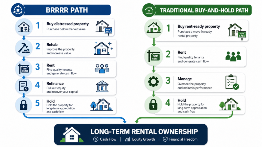A clean, professional infographic comparing two real estate investment paths side-by-side. The left side illustrates the "BRRRR path" with a sequence of icons and text for "Buy distressed property," "Rehab," "Rent," "Refinance," and "Hold." The right side illustrates the "Traditional buy-and-hold path" with icons and text for "Buy rent-ready property," "Rent," "Manage," and "Hold." Distinct color-coded flowlines or arrows guide the viewer through each process. Both paths converge at the bottom under a shared, prominent label: "Long-term rental ownership." The layout is minimalist and organized, emphasizing the different acquisition and stabilization steps leading to the same final destination.
