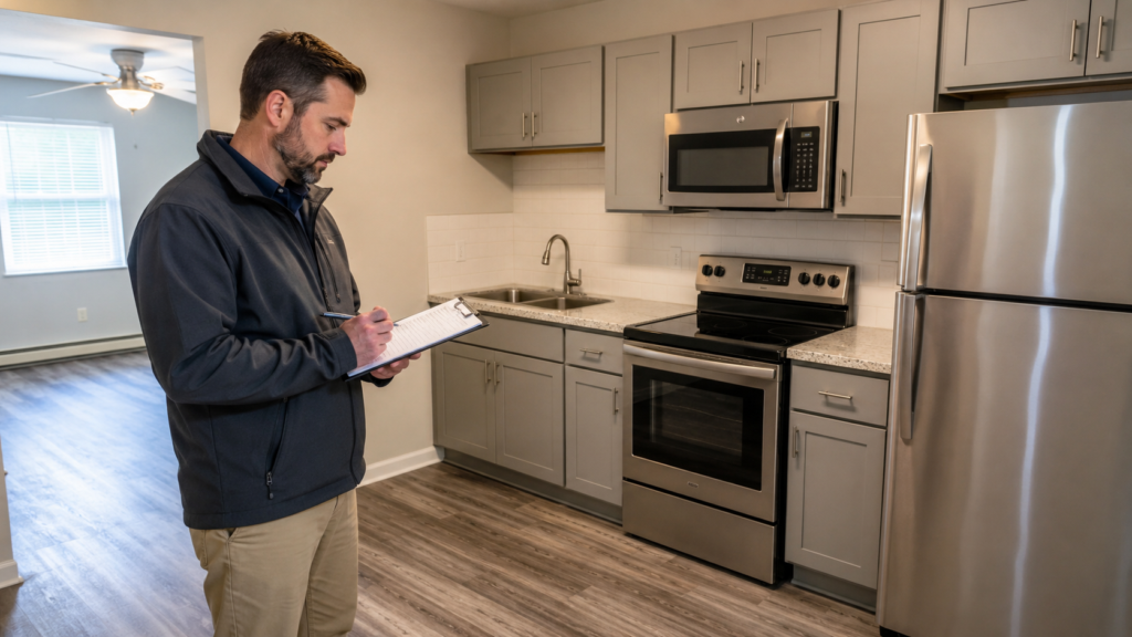 A real estate professional or inspector stands in a freshly renovated kitchen, holding a clipboard and pen to take detailed notes. The interior reflects a practical midrange rental renovation with clean shaker cabinets, standard stainless steel appliances, and durable flooring rather than luxury finishes. The scene is captured with natural indoor lighting, emphasizing the functional quality of the cosmetic updates and the inspector's focused appraisal of the living space.