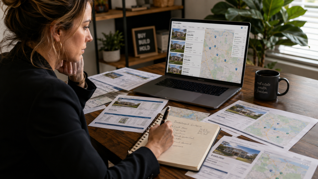 A professional female real estate investor sitting at a desk, deeply focused on reviewing comparable property sales. She is looking at a laptop screen displaying real estate listings and neighborhood maps, while several printed property flyers and documents are spread out in front of her. The documents feature blurred house photos, price figures, and local maps. She holds a pen over a notepad with handwritten notes, emphasizing an analytical atmosphere. The scene is captured with soft natural lighting that highlights the textures of the paper and the subtle glow from the screen.