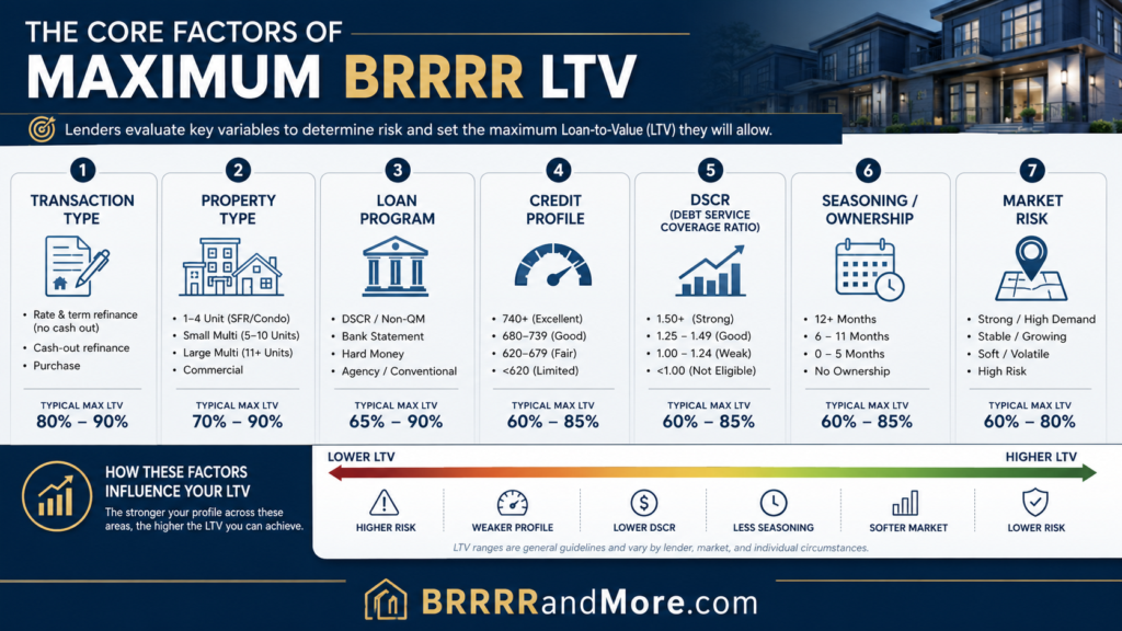 A professional infographic illustrating the core factors of maximum BRRRR LTV. The layout organizes the information into distinct sections for transaction type, property type, loan program, credit, DSCR, seasoning, and market risk. The design uses a clean, data-driven aesthetic with minimalist icons and a logical flow to represent how these variables influence lending limits, set against a balanced and professional financial backdrop.