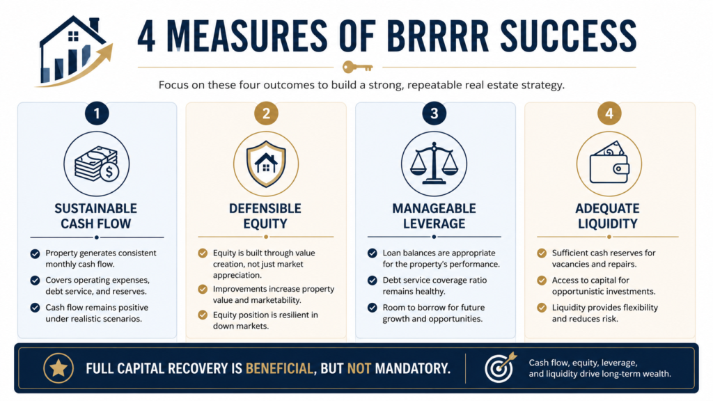 A clean and structured infographic layout detailing four specific measures of BRRRR success: Sustainable cash flow, Defensible equity, Manageable leverage, and Adequate liquidity. Each point is presented with clear, professional typography within its own defined section. The phrase "Full capital recovery is beneficial, but not mandatory" is integrated as a central anchor or a footer note. The aesthetic is minimalist and organized, focusing on legible text, balanced composition, and a cohesive professional color scheme.