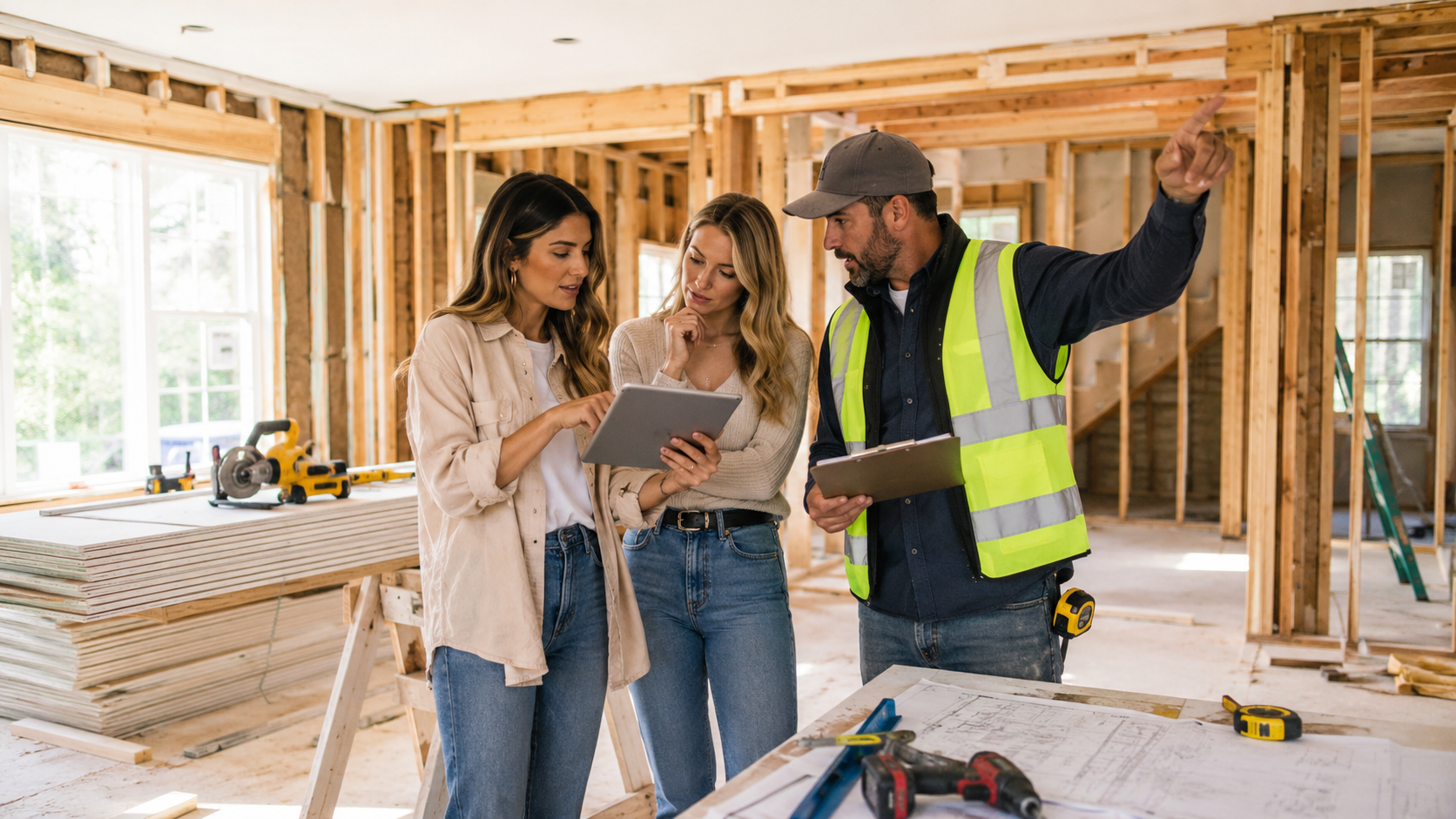 BRRRR Holding Costs During Rehab Two young women in contemporary professional-casual attire stand in the center of an unfinished living room, reviewing a digital spreadsheet on a tablet alongside a general contractor wearing a high-visibility vest and carrying a clipboard. The interior of the single-family house shows active renovation, with exposed wooden studs, stacks of drywall, and scattered construction tools. Bright daylight streams through large windows, illuminating the space as the group gestures toward structural elements, deeply engaged in a focused discussion about project finances and renovation timelines.