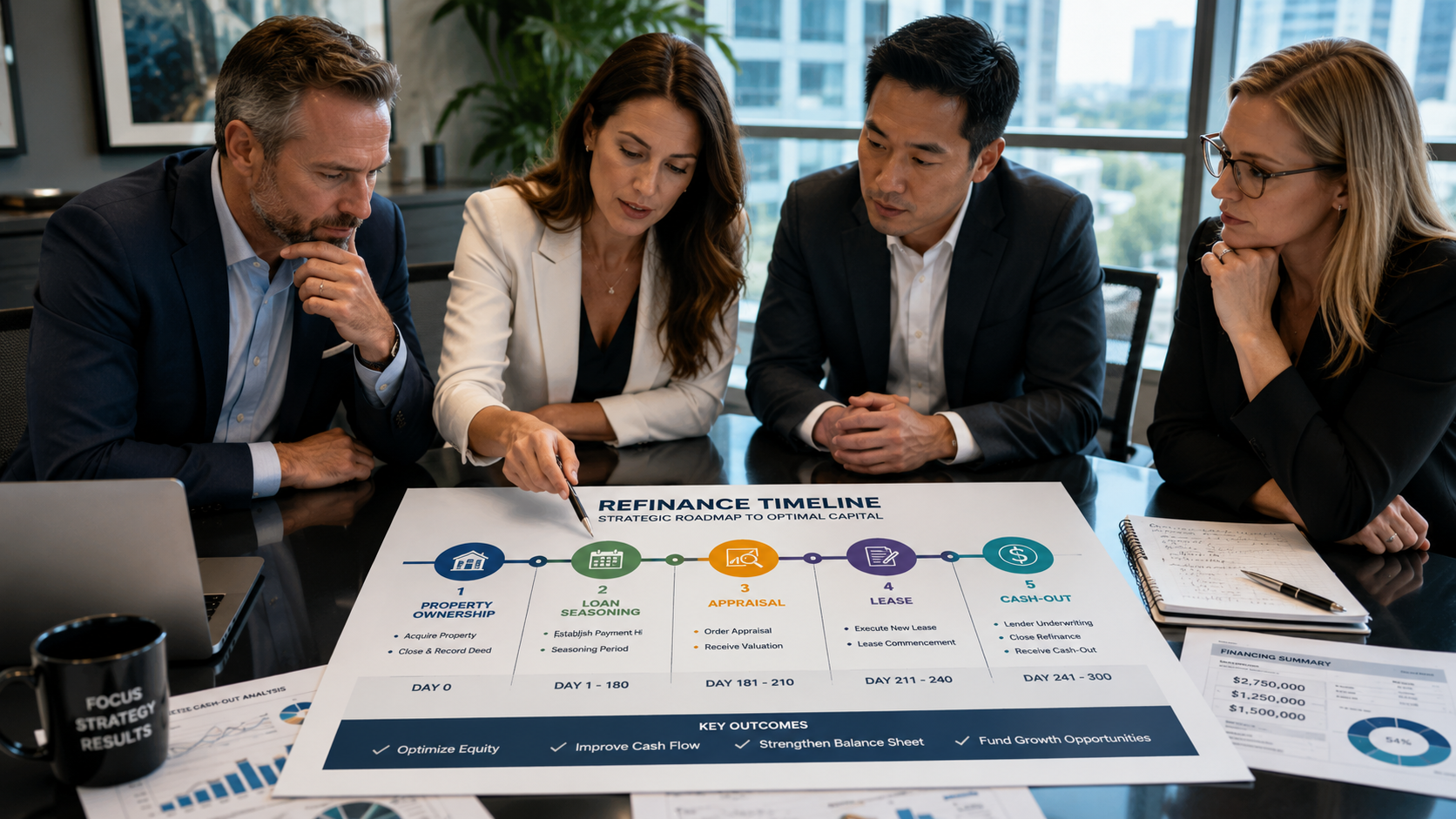 BRRRR Seasoning Requirements Explained A professional group of investment partners at a modern office conference table, closely examining a detailed refinance timeline. The document features clear sections for property ownership, loan seasoning, appraisal, lease, and cash-out milestones. The scene is illuminated by soft, natural office lighting, emphasizing the focused expressions of the investors and the crisp graphics of the financial planning materials laid out before them.