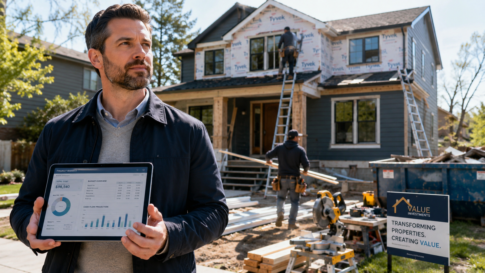 Does the BRRRR Method Still Work? A focused real estate investor in smart casual attire stands in the foreground, holding a digital tablet displaying financial spreadsheets and investment data. Behind him, a residential house is undergoing an active transformation, with contractors in work gear visible on ladders and carrying building materials. The scene captures the middle of a renovation project, featuring visible exterior improvements, organized construction tools, and a clear sense of professional property rehabilitation under natural daylight.