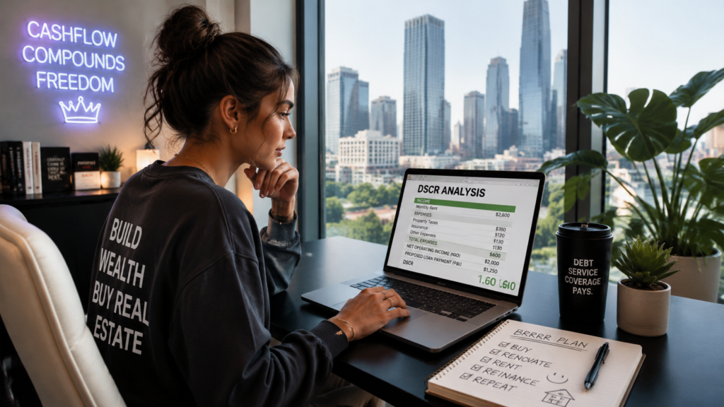 Modern Gen Z female real estate investor focused on her laptop, which displays a spreadsheet with financial data for a rental property's DSCR calculation. She is seated in a contemporary, minimalist office featuring floor-to-ceiling windows that offer an expansive view of a city's central business district and its skyscrapers. The scene is lit with clear, natural light, highlighting the professional atmosphere and the details on the laptop screen.