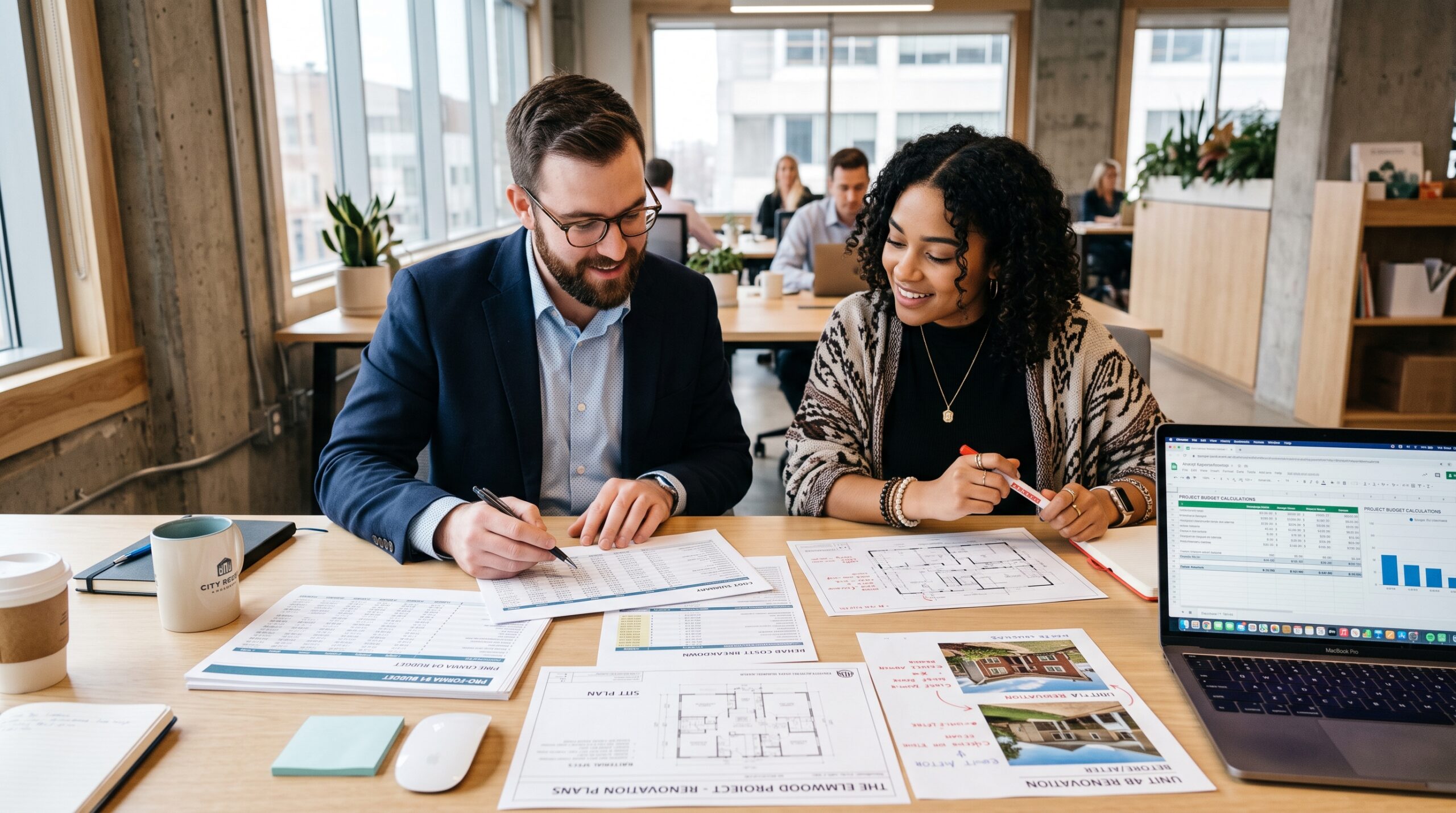 A professional millennial man and a stylish Gen Z woman collaborate in a bright, modern office, focused on reviewing detailed financial spreadsheets and property rehabilitation plans spread across a desk. The scene features documents with property photos, a laptop displaying budget calculations, and a collaborative atmosphere with soft, natural office lighting highlighting the textures of the paperwork and the engaged expressions of the two professionals.