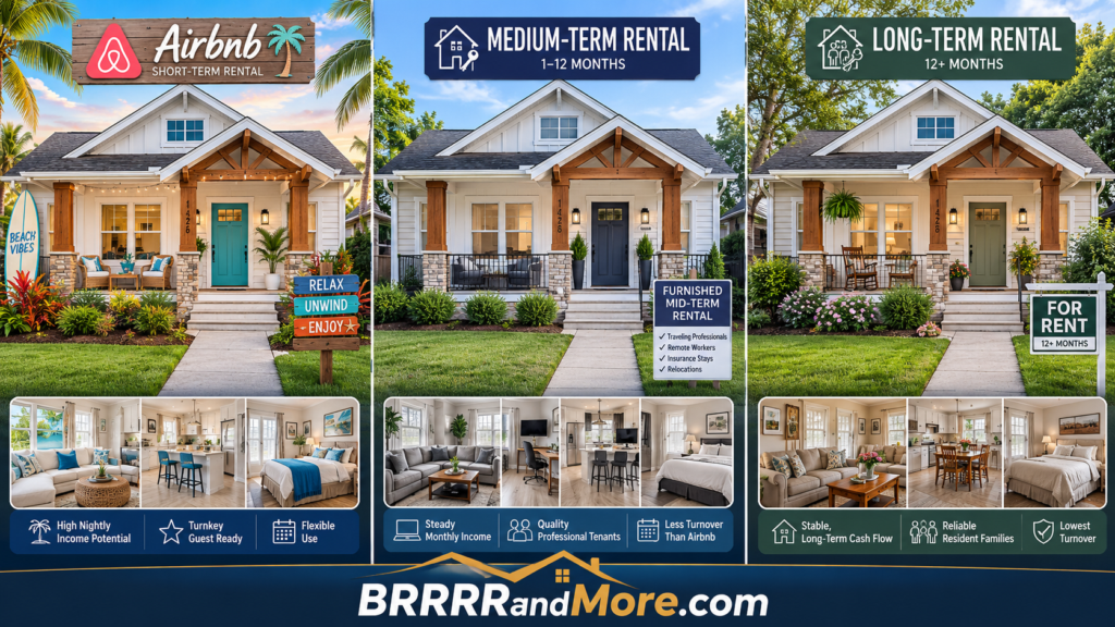 A three-panel illustration of a renovated house, showcasing its use across three distinct rental models. The first panel depicts the property as an inviting Airbnb with bright, vacation-oriented styling and welcoming exterior accents. The central panel presents the house as a professional medium-term rental, emphasizing a clean and practical aesthetic. The final panel shows the house as a cozy long-term rental with a lived-in, domestic feel. The architectural structure remains consistent across all panels, while the atmosphere and subtle decorative details change to reflect each specific occupancy type. At the bottom of the panel is the URL BRRRRandMore.com