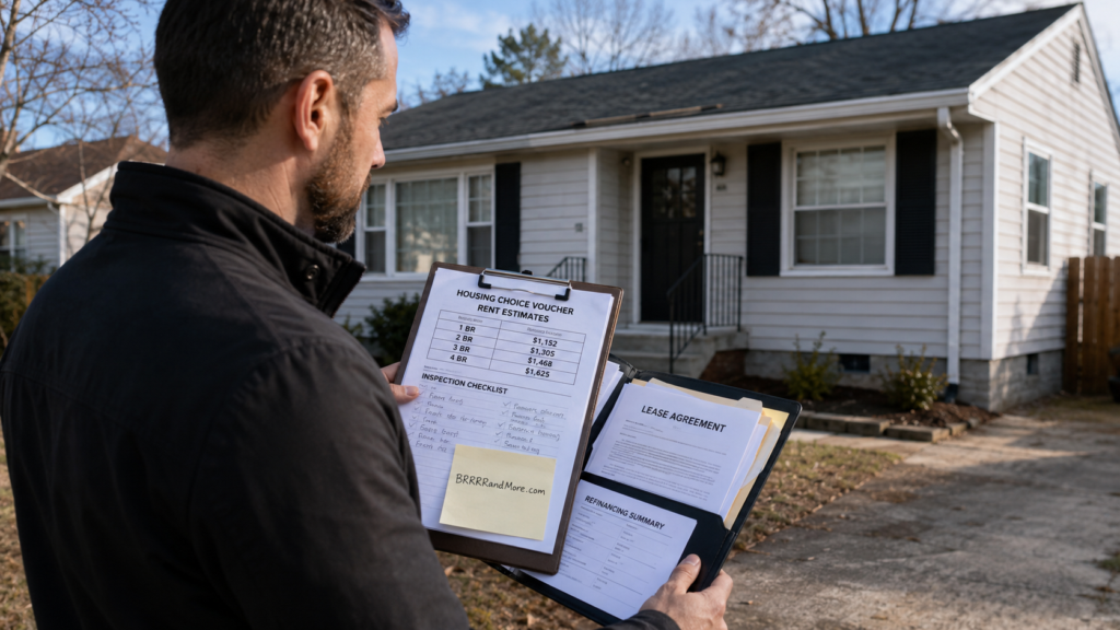 A focused real estate investor standing in front of a modest residential property, meticulously reviewing a clipboard and folder filled with Housing Choice Voucher rent estimates, an inspection checklist with handwritten notes, a lease file, and refinancing documents. On the handwritten note is the URL BRRRRandMore.com The scene is set in natural daylight, highlighting the realistic textures of the paper documents and the exterior of the suburban house. The investor appears analytical, comparing the detailed paperwork to the physical condition of the Section 8 investment property in the background.