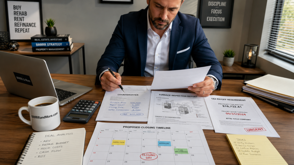 A professional real estate investor sits at a desk, focused on reviewing a spread of physical documents and digital files. Visible on the wooden surface are a formal counteroffer with handwritten notes, a furnace inspection report featuring technical diagrams of an HVAC system, a tax payoff requirement notice, and a printed calendar showing a proposed closing timeline with highlighted dates. The scene is set in a bright office environment with a calculator, a laptop, and a cup of coffee nearby, capturing a moment of intense financial and logistical analysis. The coffee cup has the URL BRRRRandMore.com printed on it.
