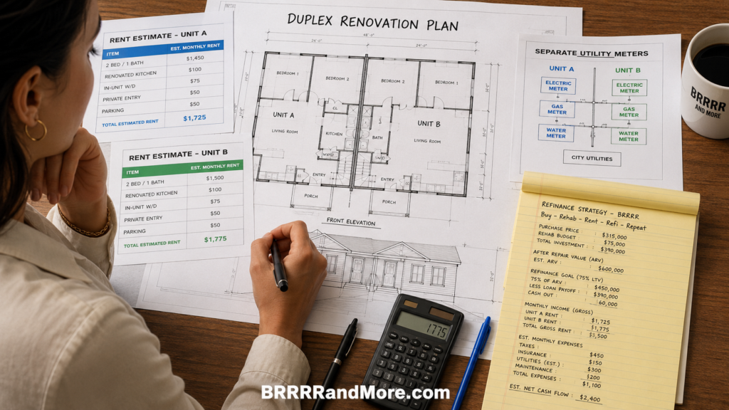An investor intently examining a detailed architectural floor plan for a duplex renovation spread across her desk. The scene features prominent documents including two distinct rent estimate tables, a technical schematic illustrating separate utility meters, and a legal pad filled with handwritten refinance strategies and financial calculations, and the URL BRRRRandMore.com The focus remains on the textural details of the blueprints and the clarity of the financial paperwork while maintaining the original composition and professional atmosphere.