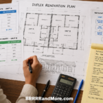 BRRRR for Duplexes and Triplexes An investor intently examining a detailed architectural floor plan for a duplex renovation spread across her desk. The scene features prominent documents including two distinct rent estimate tables, a technical schematic illustrating separate utility meters, and a legal pad filled with handwritten refinance strategies and financial calculations, and the URL BRRRRandMore.com The focus remains on the textural details of the blueprints and the clarity of the financial paperwork while maintaining the original composition and professional atmosphere.