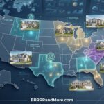 Top BRRRR Markets for Section 8 Rentals A professional data visualization of a United States map with glowing highlights over key regional markets. The image features clean, well-maintained residential architecture and suburban streetscapes to represent BRRRR investment properties. Sophisticated digital overlays and translucent icons indicate Housing Choice Voucher program integration. The overall aesthetic is polished and informative, utilizing a modern color palette with clear, balanced lighting to emphasize real estate market analysis. At the bottom of the map is the URL BRRRRandMore.com