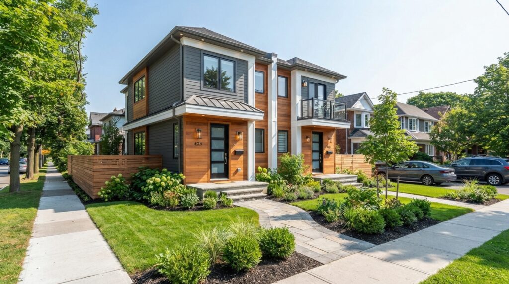Convert the buildings into fully renovated duplexes and small multi-unit properties featuring modern exterior finishes, fresh paint in contemporary neutral tones, and updated architectural details. Enhance the curb appeal with tidy landscaping, well-defined pathways, and polished entryways that reflect a professional real estate restoration.