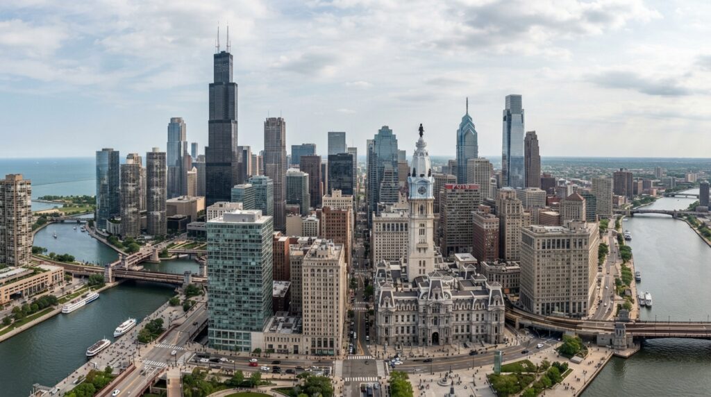 A composite cityscape seamlessly blending the iconic architectural landmarks of Chicago and Philadelphia, featuring the distinct silhouettes of the Willis Tower and Philadelphia City Hall within a unified urban skyline. The scene integrates the modern glass and steel of the Chicago lakefront with the historic stone and masonry of Philadelphia, emphasizing sharp structural outlines, natural urban lighting, and a cohesive color palette that highlights the textures of both cityscapes.