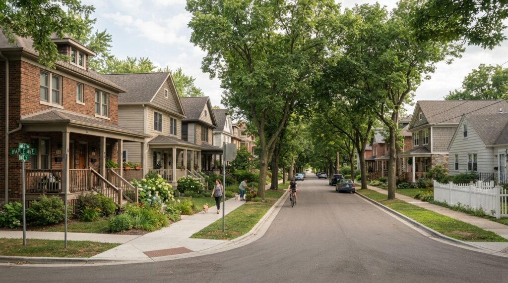 A residential neighborhood streetscape where small multifamily buildings, such as duplexes and triplexes, are seamlessly integrated into the existing housing fabric. The scene features varied yet cohesive architectural styles with shared porches, clear entryways, and balanced proportions that blend with surrounding homes. Lush greenery, mature street trees, and well-defined sidewalks emphasize a walkable, community-oriented atmosphere under soft, natural lighting that highlights the textures of the building facades.