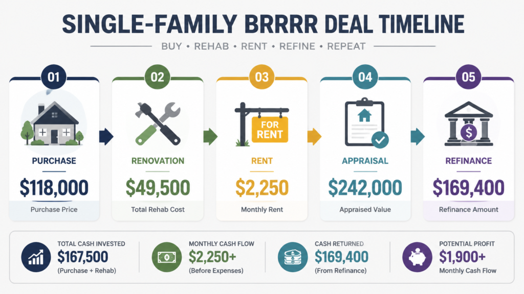 A professional infographic illustrating a single-family BRRRR deal timeline with a clean and modern design. The graphic flows through five key stages: a purchase of $118,000, a renovation cost of $49,500, a monthly rent of $2,250, an appraisal value of $242,000, and a refinance amount of $169,400. The layout uses clear typography and minimalist icons to represent each phase of the investment, ensuring the financial data is prominent and organized against a neutral background.