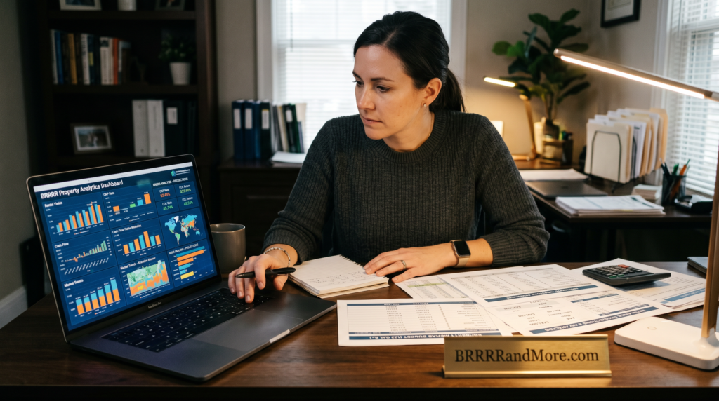 Real estate investor reviewing BRRRR deal analysis software.