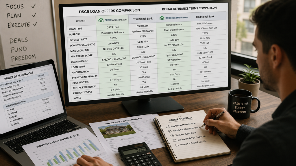 Investor comparing DSCR loan offers for a rental refinance.