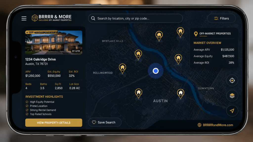 Smartphone app showing off-market property leads on a map.