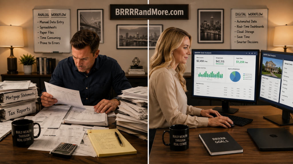Real estate investors comparing paper bookkeeping with digital accounting software.