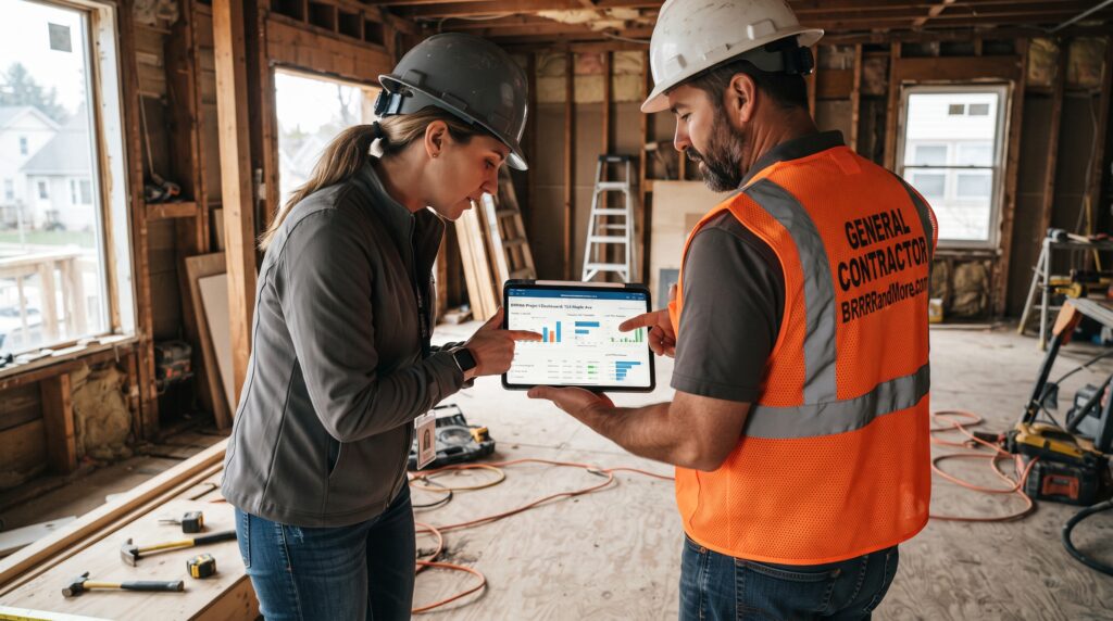 Investor and contractor reviewing rehab project details on a tablet.