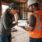 Best Contractor Management Apps for Rehab Projects A female real estate investor and a general contractor in a safety vest with the URL BRRRRandMore.com lean over a glowing tablet inside an active construction site. The tablet screen clearly shows a complex renovation dashboard with schedules and financial charts. Natural sunlight illuminates the interior, highlighting the raw textures of exposed wooden framing, concrete floors, and scattered construction tools. The focus remains on their collaborative interaction and the legible data on the digital display amidst the rugged, unfinished environment of the property.