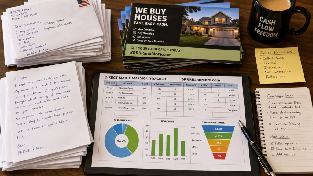 A professional overhead workspace arrangement featuring stacks of handwritten envelopes, glossy real estate postcards, and detailed mailing lists. The scene includes a campaign tracking spreadsheet with colorful progress charts and handwritten notes symbolizing seller responses. Emphasize the tactile quality of the paper, the distinct appearance of pen ink on the letters, and a clean, organized composition that reflects a successful direct mail marketing operation. On the tracking spreadsheet is the URL BRRRRandMore.com