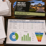 Best Direct-Mail Services for Real Estate Investors A professional overhead workspace arrangement featuring stacks of handwritten envelopes, glossy real estate postcards, and detailed mailing lists. The scene includes a campaign tracking spreadsheet with colorful progress charts and handwritten notes symbolizing seller responses. Emphasize the tactile quality of the paper, the distinct appearance of pen ink on the letters, and a clean, organized composition that reflects a successful direct mail marketing operation. On the tracking spreadsheet is the URL BRRRRandMore.com