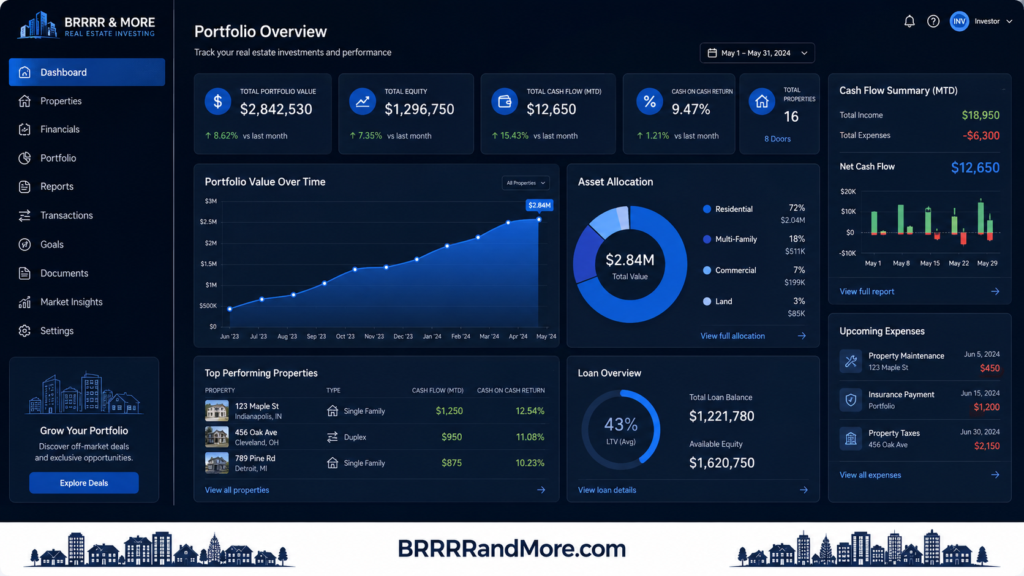 Fintech dashboard for real estate investor banking and portfolio cash flow.
