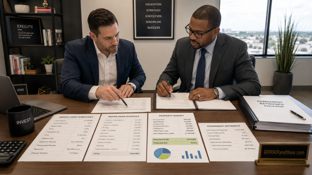 Investor and lender reviewing hard money loan documents.