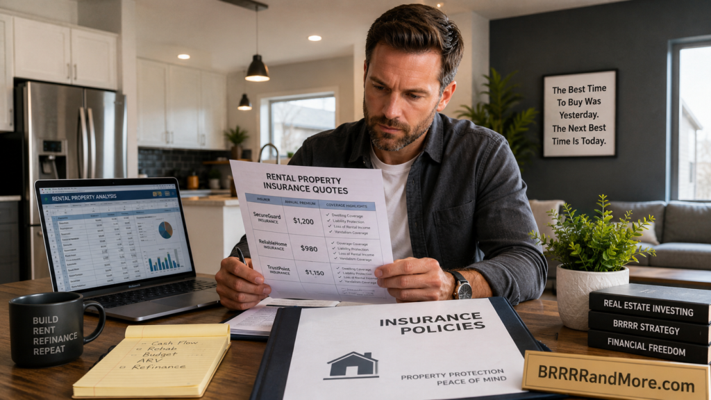 Investor comparing landlord insurance quotes for a BRRRR rental property.