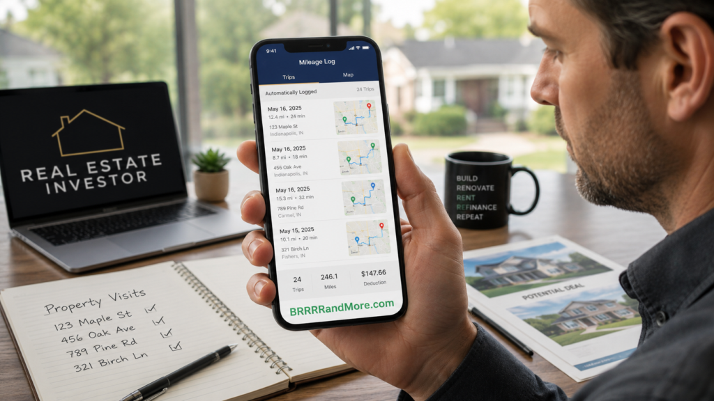 Investor reviewing mileage records for rental property visits on a smartphone.
