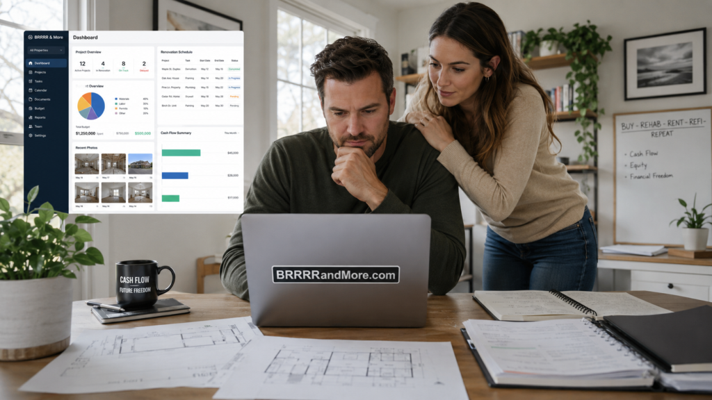 Investor reviewing renovation project management software.