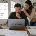 Best Project Management Software for Real Estate Renovations A focused real estate investor sits at a wooden desk, reviewing a comprehensive digital dashboard on his laptop that displays renovation schedules, budget spreadsheets, and photo updates from various construction sites. His girlfriend stands behind him, leaning over his shoulder with an interested expression as they both look at the screen. The scene is set in a bright, modern home office with soft natural light, emphasizing the organized documents, architectural plans, and financial charts visible on the display. On the laptop is a sticker with the URL BRRRRandMore.com