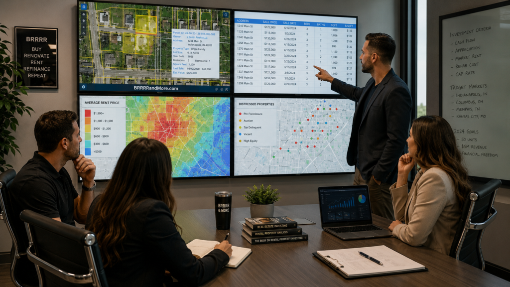 Investment team reviewing property data maps and market dashboards.