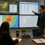 Best Property Data Platforms for BRRRR Investors A collaborative real estate investment team in a modern conference room, actively analyzing multiple large digital displays. The screens show detailed property parcel maps with boundary lines, spreadsheets of ownership and sales comparable data, and colorful heat maps indicating rent trends and distressed-property markers. Focused office lighting illuminates the scene, highlighting the group's engagement as they compare data across the monitors in a professional, data-driven environment. On the bottom of one of the screens is the URL BRRRRandMore.com