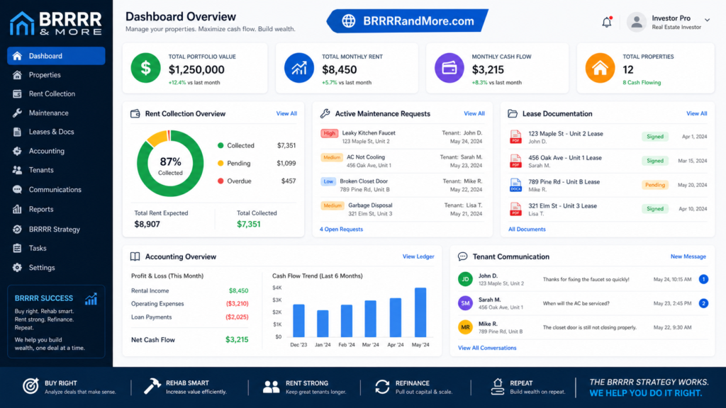 Property management dashboard for rent, maintenance, leases, and tenant communication.
