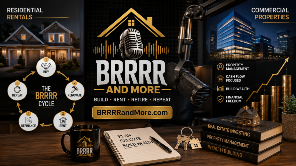 Real estate investor podcast graphic covering rentals, BRRRR, commercial property, and wealth building.
