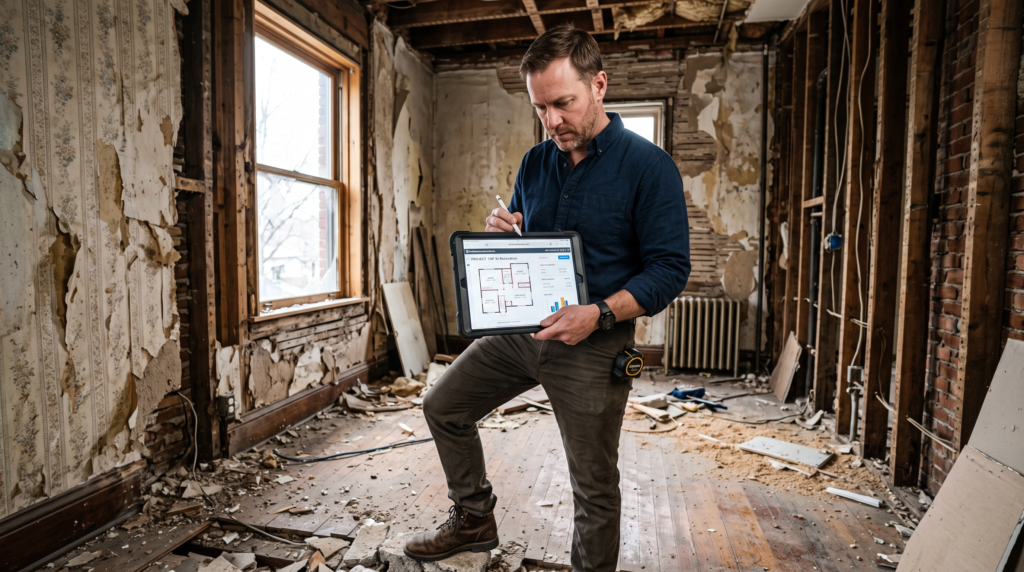 Investor estimating repairs inside a distressed property.