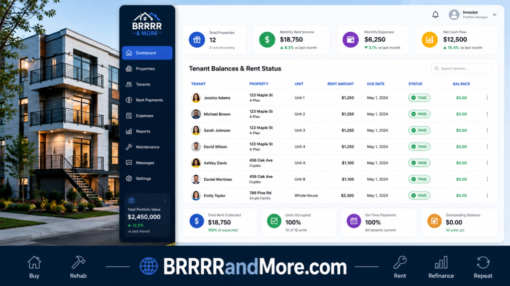 Online rent collection dashboard showing tenant balances and rent status.