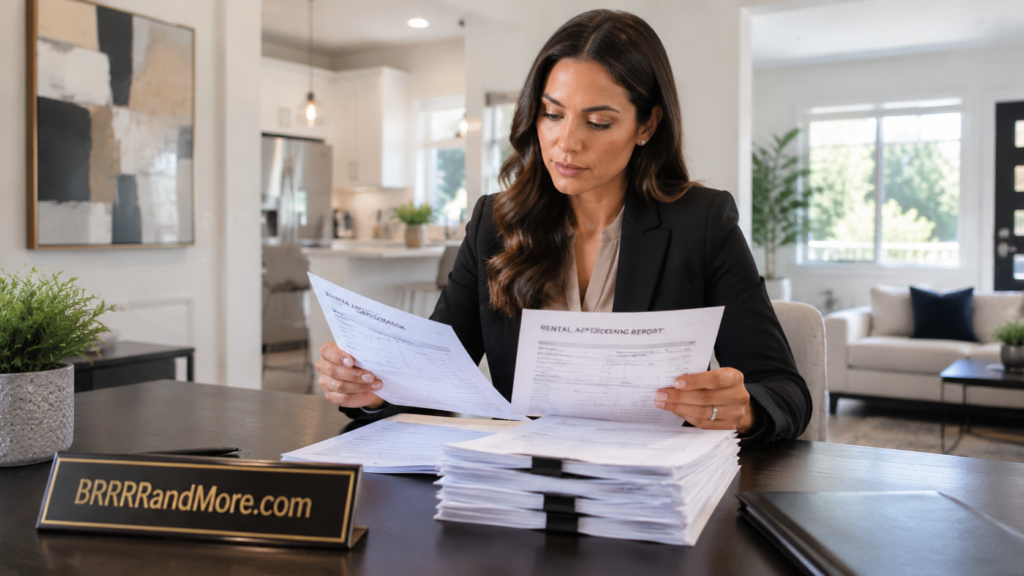Landlord reviewing tenant screening reports for a renovated rental property.